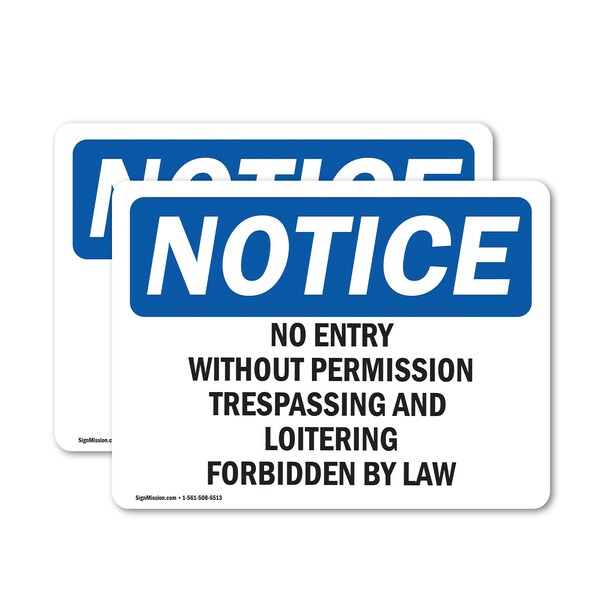 Signmission No Entry Without Permission Trespassing OSHA Notice Sign, Vinyl Decal, 5in W x 3.5in L, 2PK OS-2PACK-NS-D-35-L-14524 - main